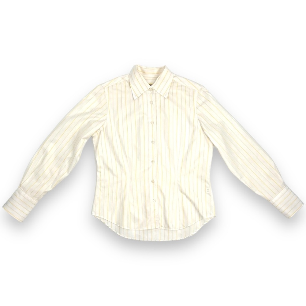 Vintage Paul Stuart Yellow Stripe Button Down White Cotton Blouse Size Medium